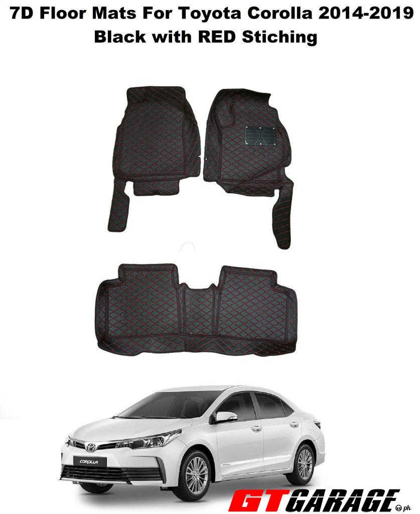 Buy 7D Luxury Floor Mats Black & Red Stitching For Toyota Corolla 2014-2020 Online at Best Price